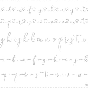 May include: A handwritten alphabet with a heart design at the top of each letter. The alphabet is written in a cursive style.