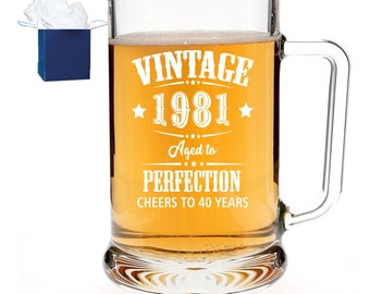 Personalised Engraved Pint Beer Glass Tankard Birthday vintage 1981 Aged to perfection Gift Any age any year