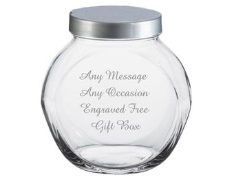 Personalised Engraved Glass Cookie Jar: Stainless Steel Lid, Birthday Gift Christmas