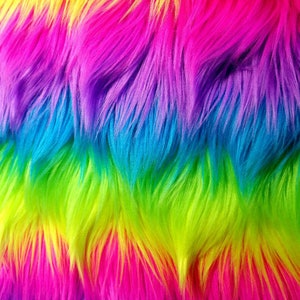 Neon Rainbow Stripe Faux Fur Fabric By The Yard Or Half Yard Long Pile Rainbow Shag image 1