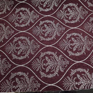 Burgundy Wine & Silver Ogee Medallion Reversible Chenille Upholstery 56" By Yard Persian Laurel Damask