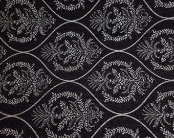 Black & Silver Ogee Medallion Reversible Chenille Upholstery 56" By The Yard Persian Laurel Damask