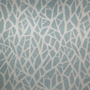 May include: A close-up of a textured, light blue fabric with a repeating pattern of interconnected, irregular shapes in a lighter, silvery color. The design resembles a network or a natural, organic structure.