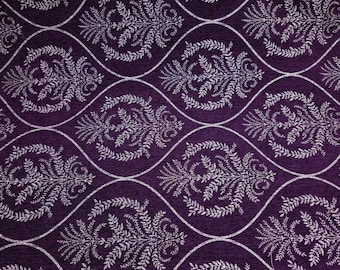 Eggplant Purple & Silver Ogee Medallion Reversible Chenille Upholstery 56" By Yard Persian Laurel Damask