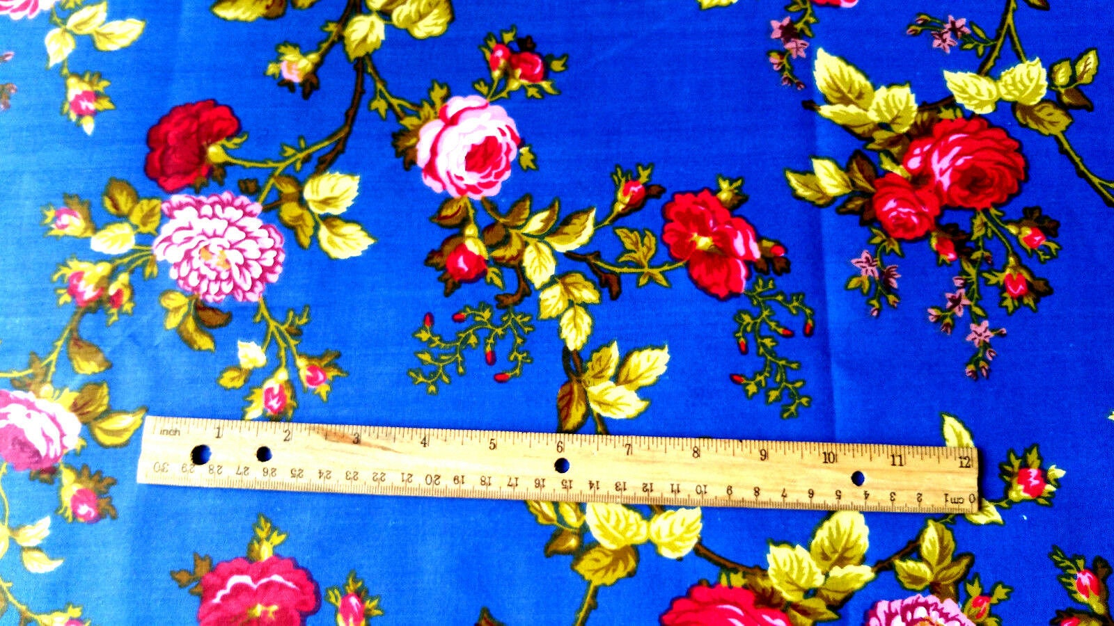 Red Roz Print Red Rose Floral Print Fabric, Royal Blue Poly Cotton, 58