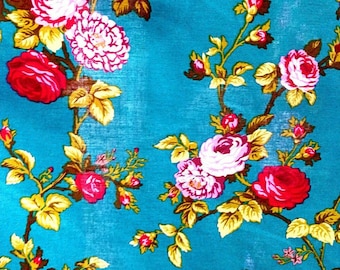 Red Rose Floral Fabric, Victorian Style, Green Teal Poly Cotton, 58" Wide