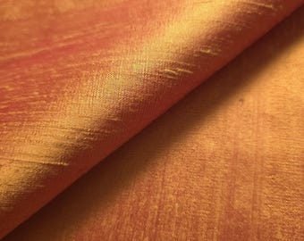 Marigold Two Tone 100% Silk Dupioni Fabric, 50" Wide, Hand Loomed Yellow Tangerine Pure Silk by the Yard