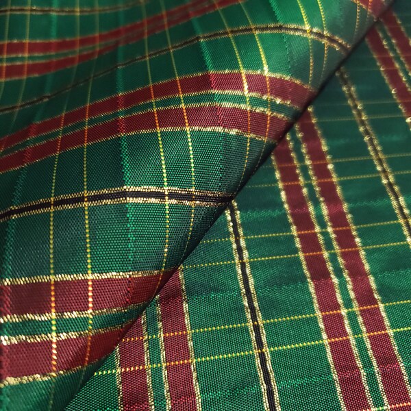 Green Christmas Hunter Green Red Tartan Plaid Brocade Fabric 58" Metallic Gold