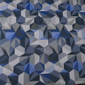 May include: Geometric pattern fabric featuring a repeating design of three-dimensional shapes in shades of blue, gray, and white. The fabric has a textured appearance, with some areas showing striped details.