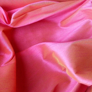 Dupioni Faux Silk Moroccan Sunset Fabric 58&quot; By The Yard | Fiery Pink & Yellow Two Tone for Indian Sari, Bollywood Gowns, and Costumes
