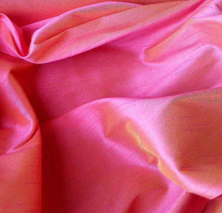 Dupioni Faux Silk Moroccan Sunset Fabric 58" By The Yard | Fiery Pink & Yellow Two Tone for Indian Sari, Bollywood Gowns, and Costumes