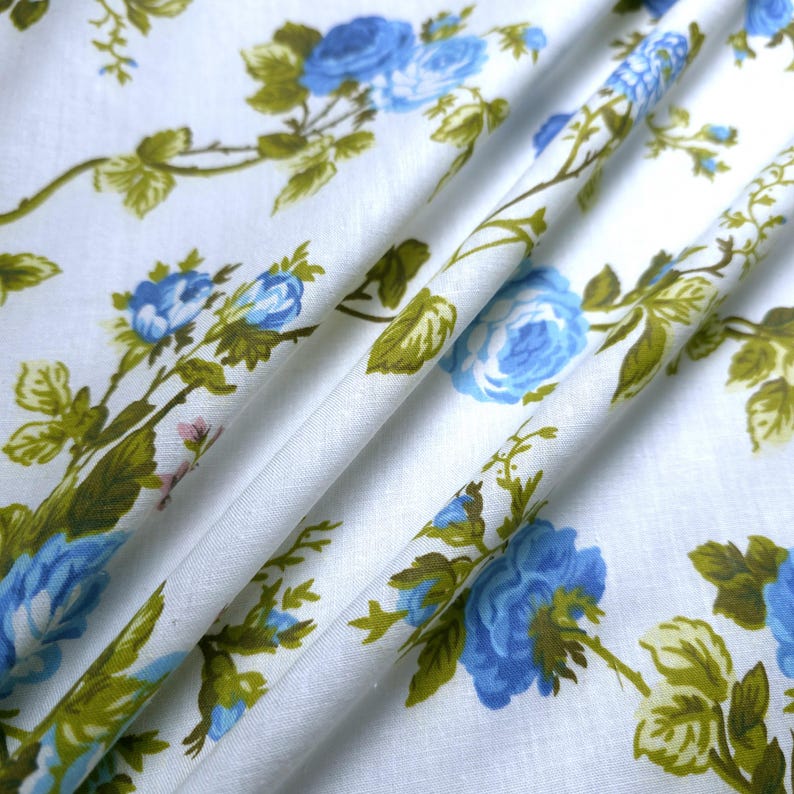 Classic Blue Rose Floral Print Poly Cotton Fabric 58" By The Yard Victorian Roses image 5