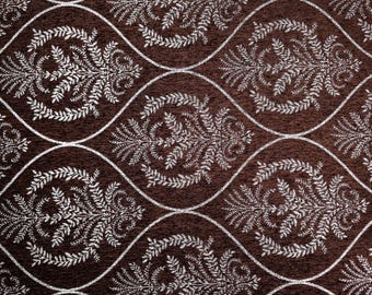 Chocolate Brown & Silver Ogee Medallion Reversible Chenille Upholstery 56" By Yard Persian Laurel Damask