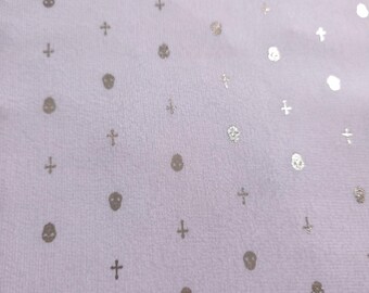 White Metallic Gold Skull Cross Chiffon Fabric, 58" Wide, Semi Sheer Gothic Metallic Print by the Yard