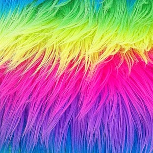 Neon Rainbow Stripe Faux Fur Fabric By The Yard Or Half Yard Long Pile Rainbow Shag image 2