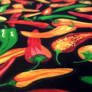 Chili Pepper Print Fabric, Black Poly Cotton Blend, 58" Wide image 2