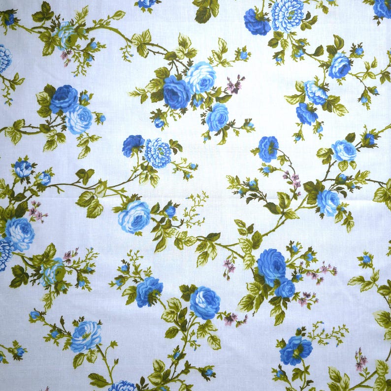 Classic Blue Rose Floral Print Poly Cotton Fabric 58" By The Yard Victorian Roses image 6