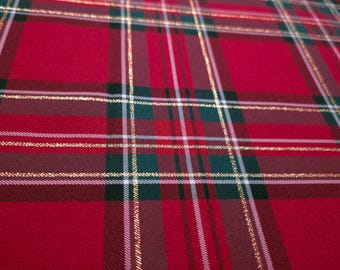 Red Green Holiday Tartan Plaid Suiting Twill Fabric / Gold Stripe / 58" / By The Yard