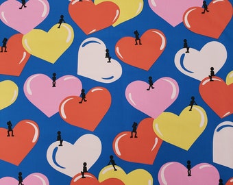 Large Valentines Hearts On Blue Polycotton Fabric 58" By The Yard Hear Balloons