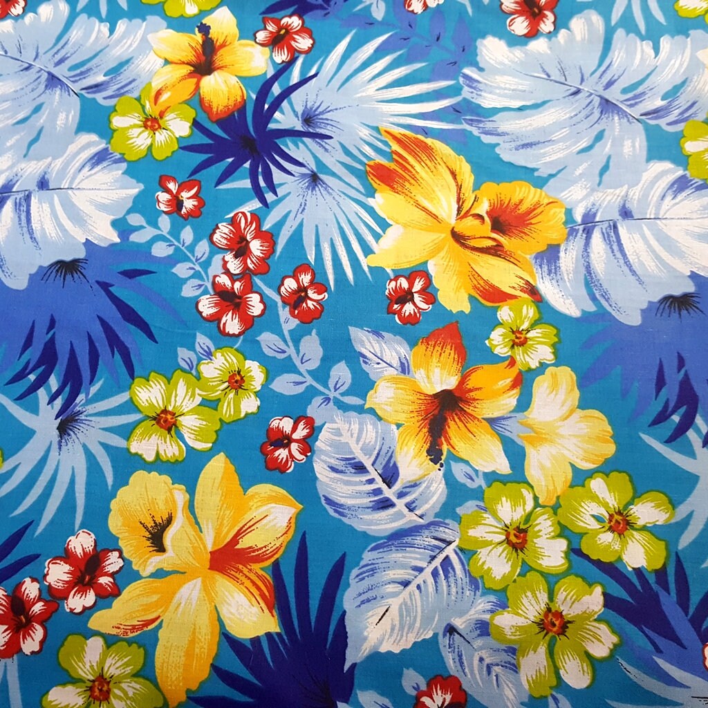 1点物⭕️お安く!◎Custom hawaiian fabric◎NR2◎9.7 Turquoise Hawaiian Floral Fabric, Plumeria Hibiscus Print, 58