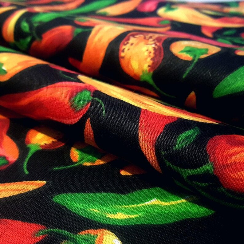 Chili Pepper Print Fabric, Black Poly Cotton Blend, 58" Wide image 5