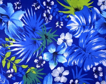 Tela floral hawaiana azul, estampado tropical de hibisco y plumeria, 147 cm de ancho