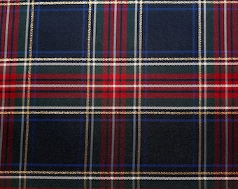 Navy Red Holiday Tartan Plaid Suiting Twill Fabric / Gold Stripe / 58" Wide / By The Yard
