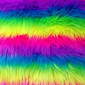 Neon Rainbow Stripe Faux Fur Fabric By The Yard Or Half Yard Long Pile Rainbow Shag image 3