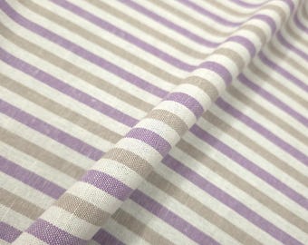 Purple Beige Striped Rustic Linen Fabric / 58" Wide / Double Sided / By The Yard