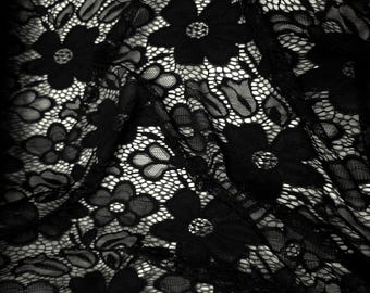 Black Floral Stretch Lace Fabric / 56" Wide / Netted Sheer / By The Yard