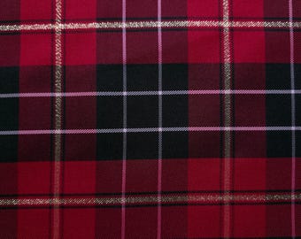 Ruby Red Black Holiday Tartan Plaid Suiting Twill Fabric / Gold Stripe / 58" / By The Yard
