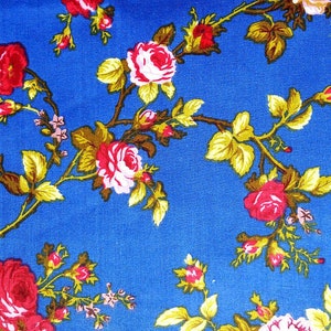 Classic Red Rose Floral Print Royal Blue Poly Cotton Fabric 58&quot; By The Yard Victorian Roses