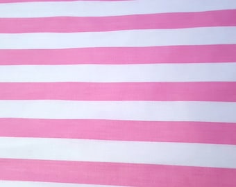 Pink White Stripe Print Poly Cotton Fabric 58&quot; By The Yard Striped Fabric one inch stripe