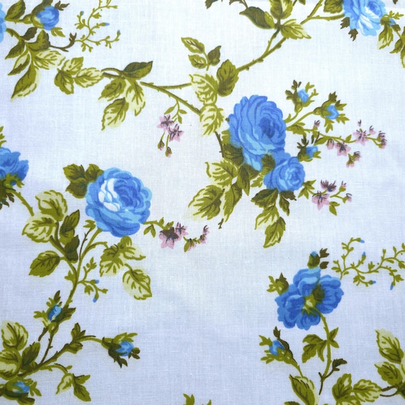 Classic Blue Rose Floral Print Poly Cotton Fabric 58" By The Yard Victorian Roses