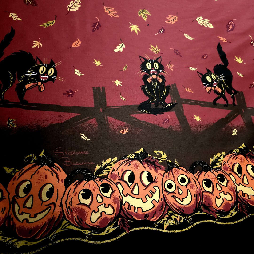 Rare Vintage Halloween Fabric, Black Cat Jack O Lantern Border Stretch ...