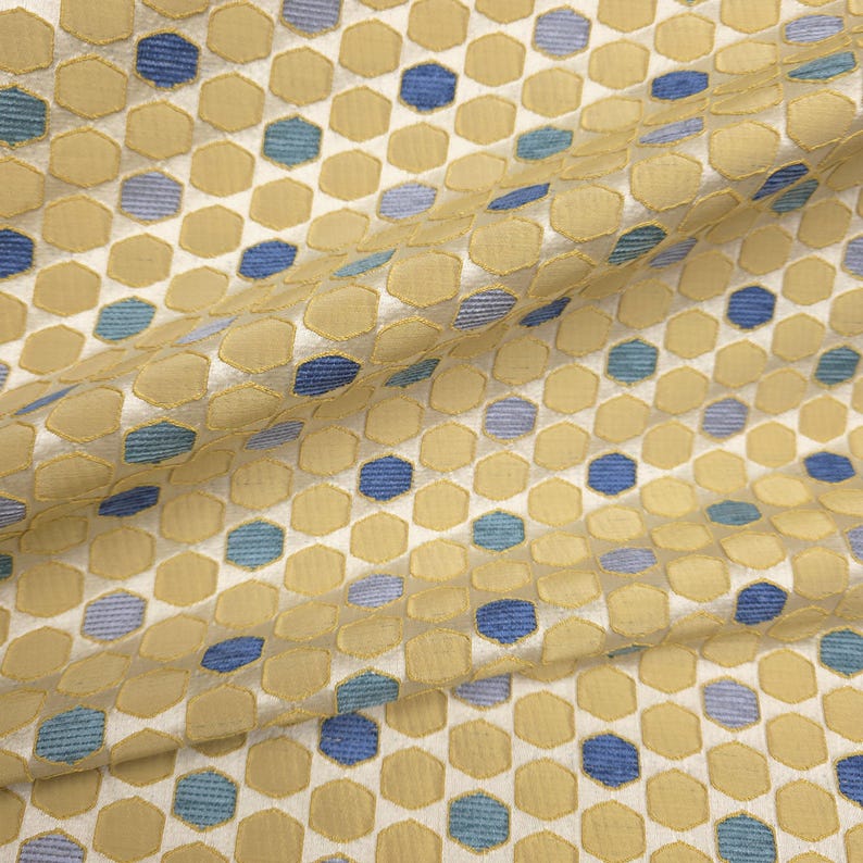 Multi Color Yellow Gold Blue Tile Brocade Fabric 54" By The Yard, Geometric Hexagon Honeycomb Upholstery Material for Chairs & Decor Bild 6