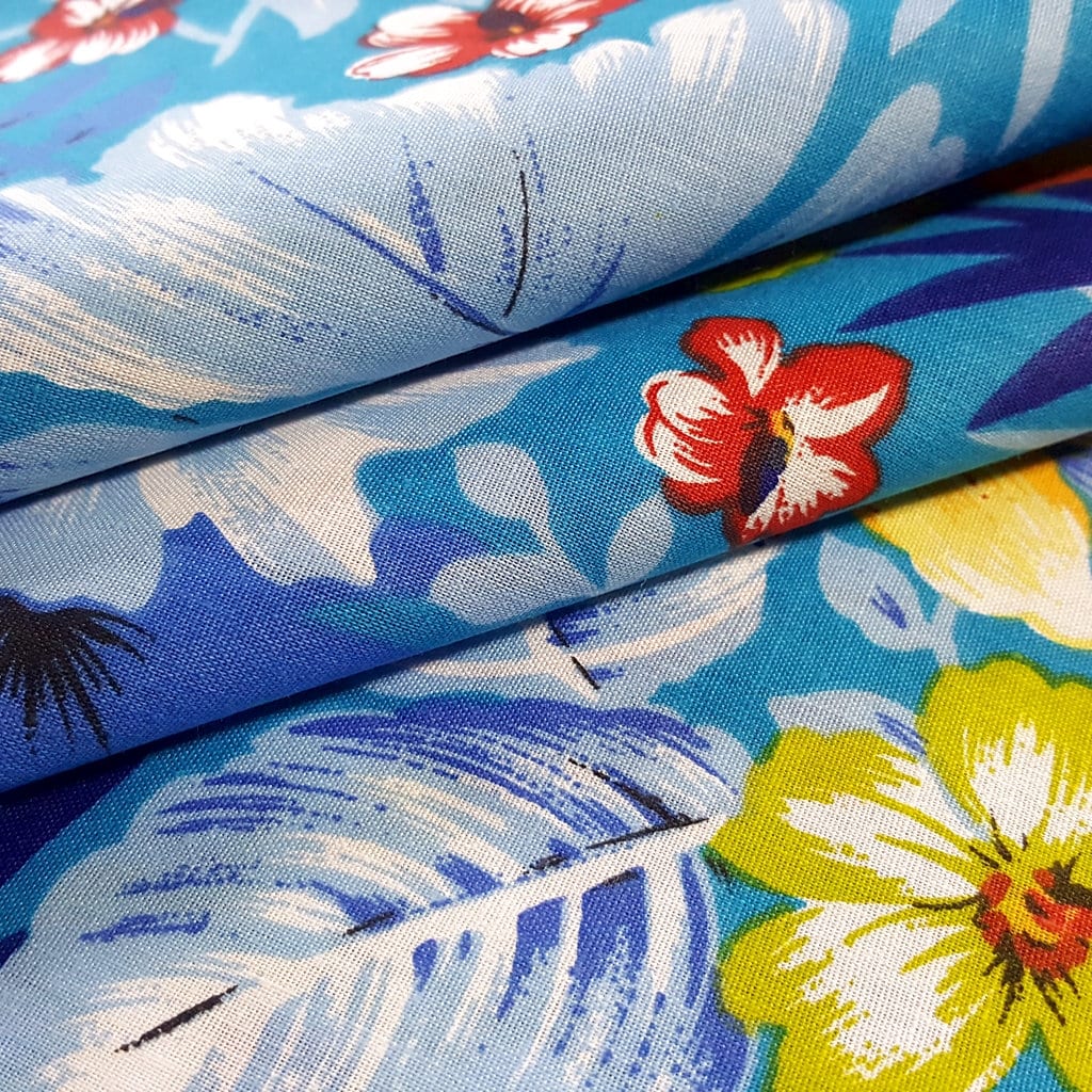 Turquoise Hawaiian Floral Fabric, Plumeria Hibiscus Print, 58