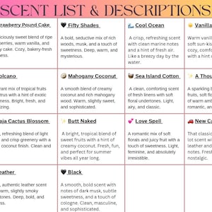 May include: A scent list with descriptions for various fragrances. The list includes scents like "Strawberry Pound Cake," "Fifty Shades," "Cool Ocean," and "Vanilla Sun-Kissed." Each scent has a brief description.
