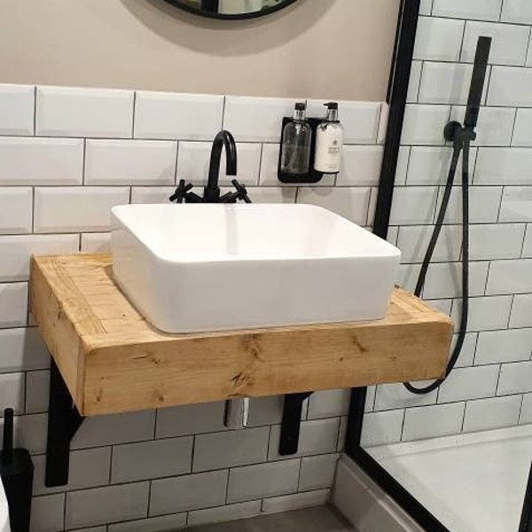 Wooden Wash Stand - Rustic Vanity Shelf -  Basin Shelf - Handmade Washstand - Wood and Steel Bathroom Shelf - Floating Wash Stand