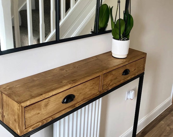 Rustic Scaffold Board Radiator Cover Console Table With 3 Rod Hairpin ...