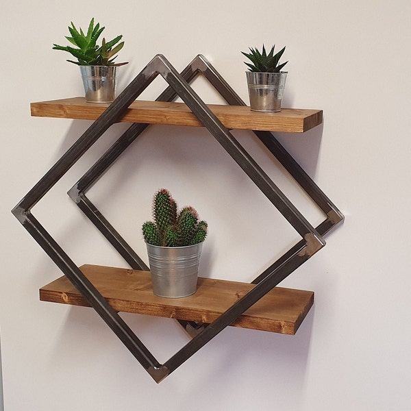 Industrial Shelves - Rustic Geometric Floating Shelf - Handmade from Solid Wood and Steel Plant Shelf - Shelving 60cm - 3D Effect