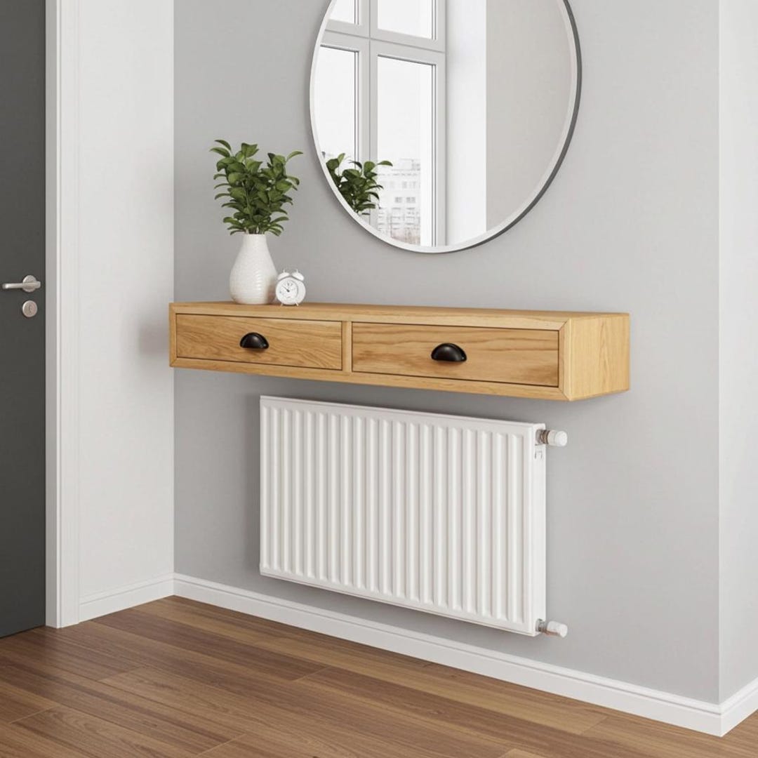 Floating Oak Console Table With Drawers, Solid Oak Wood Drawer Shelf ...