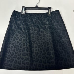 Black Leopard Print Pull on Mid Waisted Mini Skirt with Elastic Waistband- Vegan Leather black mini skirt mid thigh length high waisted