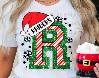 Raiders R Merry Christmas Santa Holiday Green Red Glitter Candy Cane December Mascot School Spirit PNG DTF Sublimation Screen Print Shirt