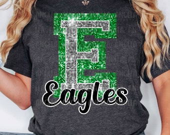 PNG E Eagles Green Bling Sparkle Glitter School Team Spirit Mascot Teacher Game Day Football Cheer Design for Sublimation DTF HTV Shirt