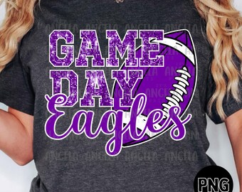 PNG Aigles Violet Bling Sparkle Glitter Game Day école Esprit d'équipe mascotte Enseignant Game Day Football Cheer Design Sublimation DTF Shirt