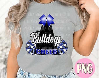 PNG Bulldogs Blue Cheer Pom Bow Megaphone Mascot Cheerleader Mom Mama School Spirit Football Competition Pride Glitter for Sublimation DTF