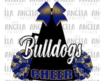 Può includere: Cappello da cheerleader nero e oro con pompon blu e oro e il testo "Bulldogs Cheer" in bianco.
