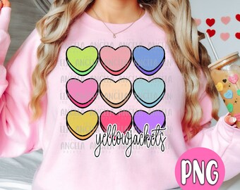 PNG Yellowjackets Valentine's Day Candy Hearts Pink Pastel School Spirit Teacher Mascot Digital Download Design for Sublimation DTF Shirt