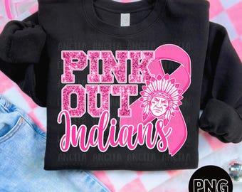May include: Black sweatshirt with the text "PINK OUT INDIANS" in pink glitter lettering. A pink ribbon and Native American chief graphic are also featured. The sweatshirt is displayed on a pink and white checkered background.